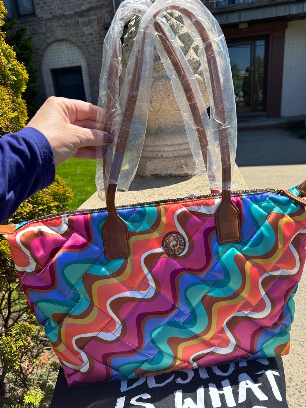 Kurt Geiger Colorful Wave Pattern Quilted Tote with Brown Handles Recycled nylon